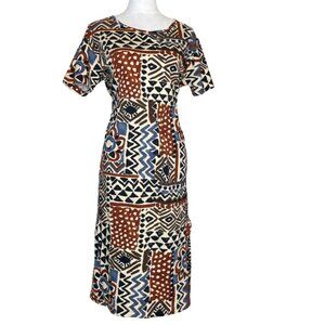 Liz Co Womens Vintage Maxi Short Sleeve Brown Cotton Primitive Print Sz Large